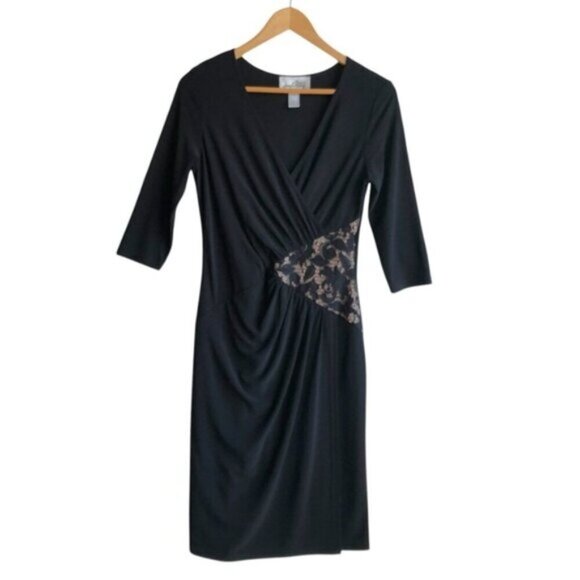 Joseph Ribkoff Faux Wrap Dress Black Size 8 Elegant Lace Cut Out - Picture 2 of 10